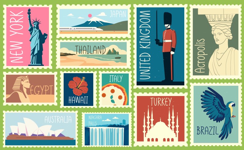 Set of travel post stamp famous landmark mail vector image