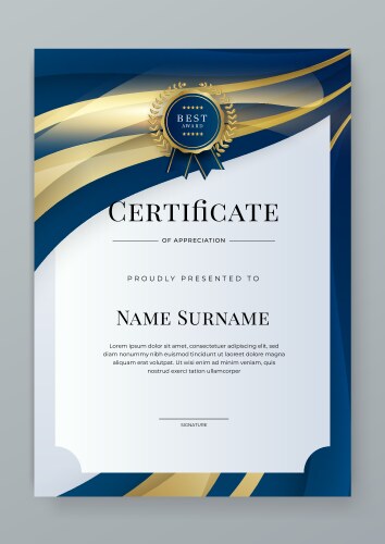 blue white and gold certificate of appreciation vector image