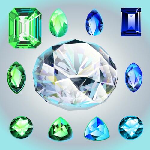 Diamonds and emeralds of different shapes cut vector image