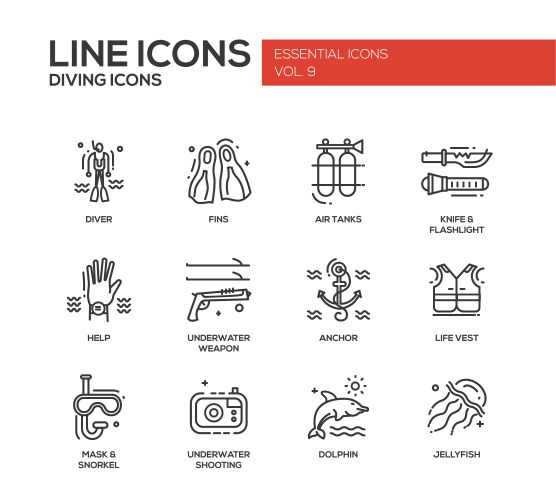 Scuba diving line design icons set vector image