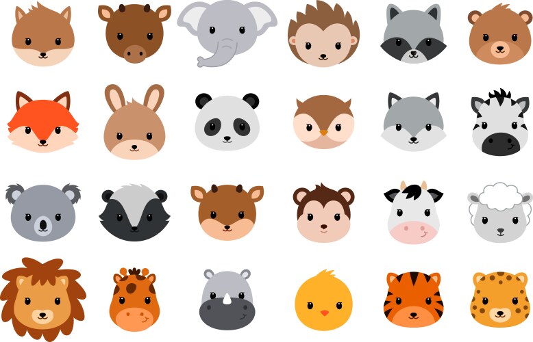 cute animal heads collection flat style vector image