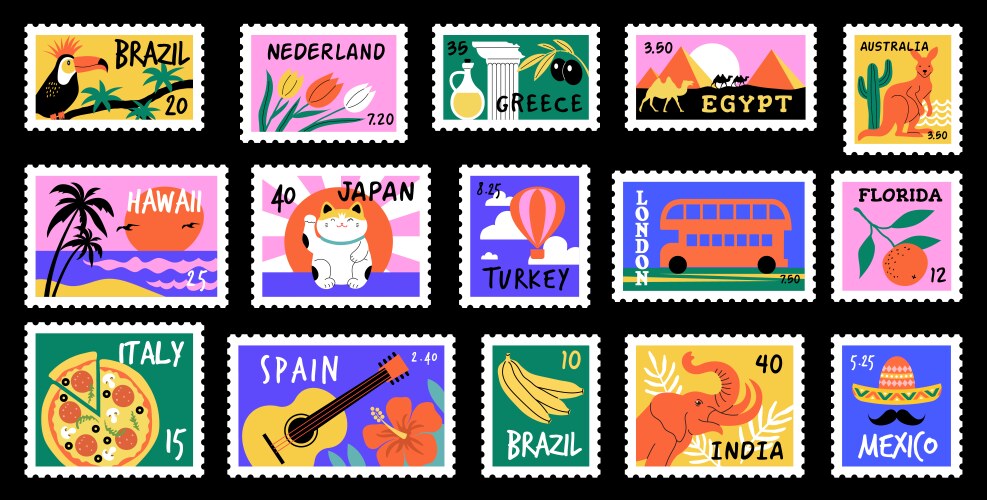 Post stamps world landmark and architectural vector image