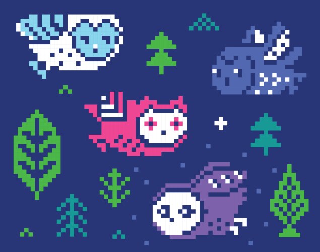 Owls and trees - pixel vector image