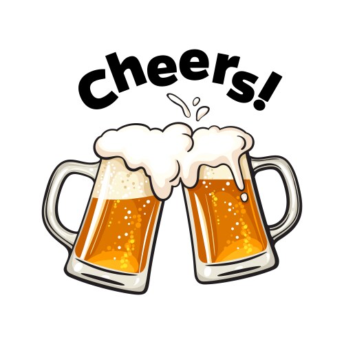 Cheers text two toasting beer mugs clinking vector image