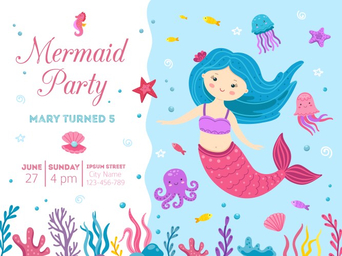 mermaid party cute princess birthday invitation vector image