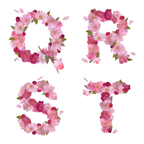 Spring alphabet with cherry flowers qrst vector image