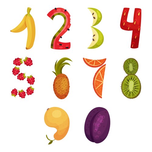 Numbers made fresh juicy fruits set vector image