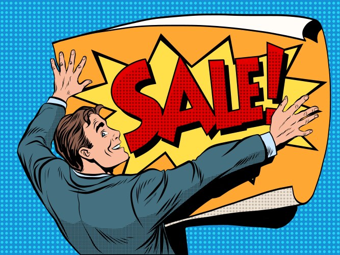 Retro man unfolds a poster sale vector image