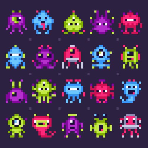 Pixel space monsters arcade video games robots vector image