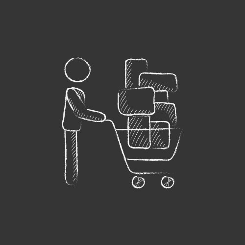 Man pushing shopping cart drawn in chalk icon vector image