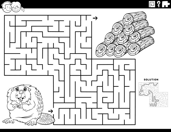 Maze game with beaver and wood logs coloring book vector image