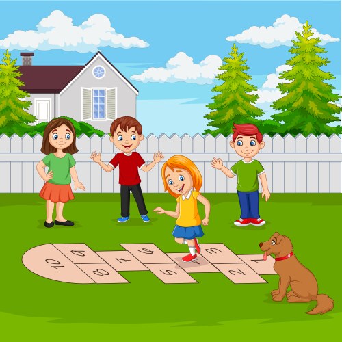 Children playing hopscotch in park vector image