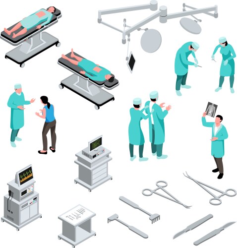 Isometric surgeon icons collection vector image