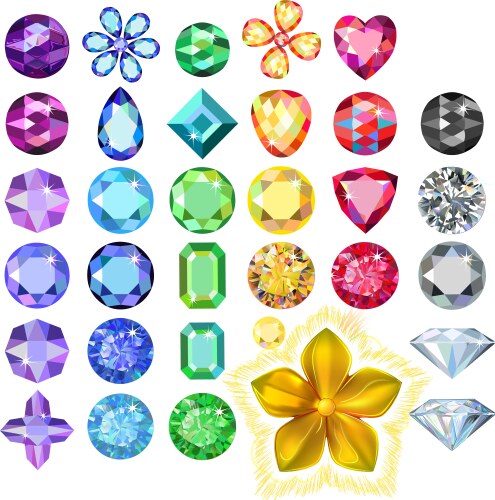 Set of colored gems and golden metal pattern vector image