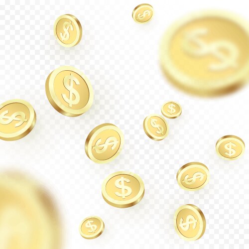 Heap falling golden coins isolated on transparent vector image