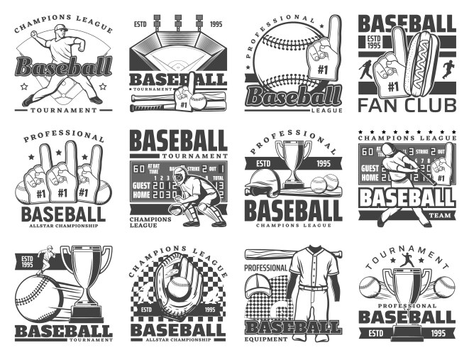 baseball sport ball bat stadium and player icons vector image