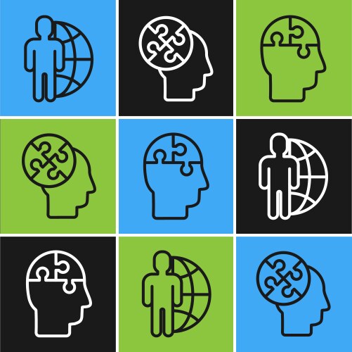 Set line globe and people human head puzzles vector image