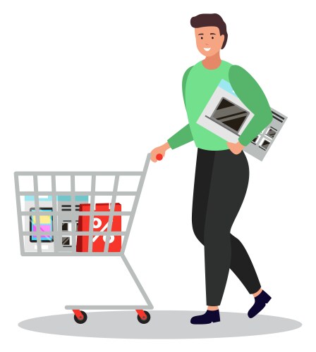 Person on shopping carrying microwave oven and bag vector image