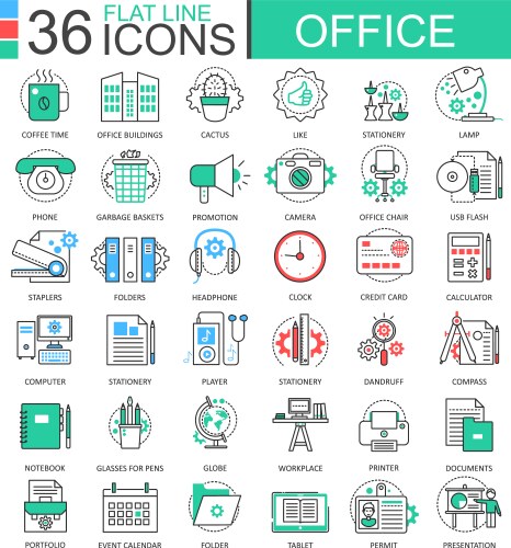 Office modern color flat line outline icons vector image