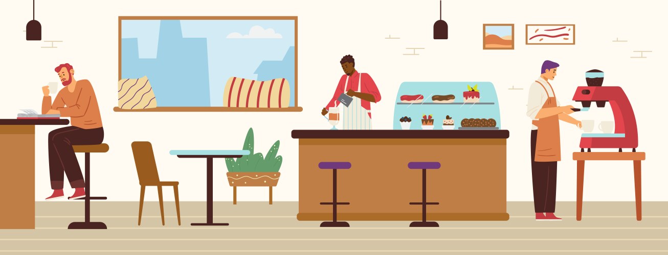 Coffee shop interior with barista making vector image