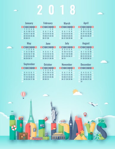 Calendar for 2018 with famous world landmarks vector image