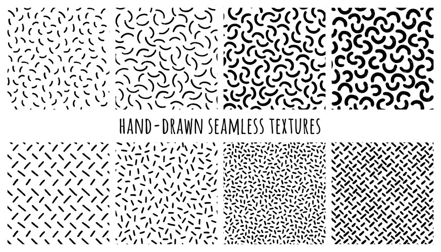 Set hand-drawn seamless black and white vector image