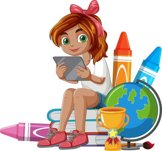 Girl using tablet surrounded by school items vector image