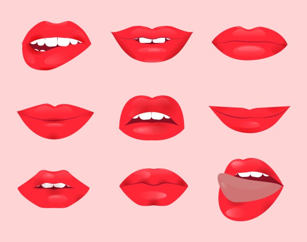 Set of glamour lips with red lipstick color vector image