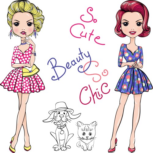 Pop art cute fashion girls with dog and cat vector image