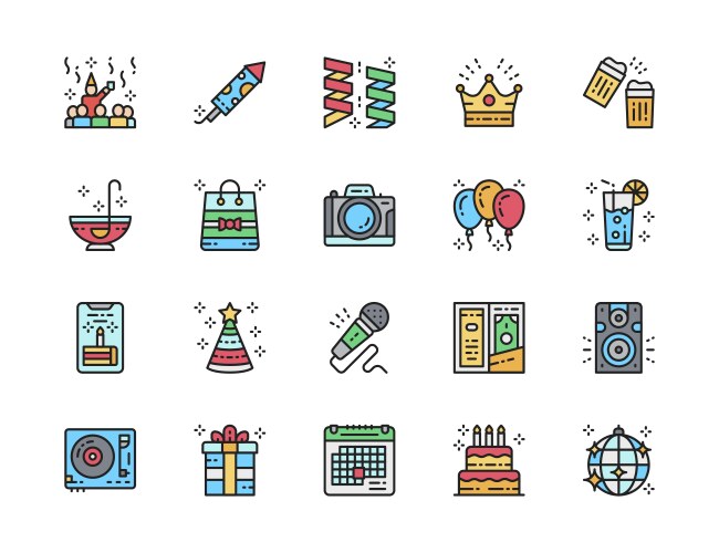 Set party flat color line icons celebration vector image