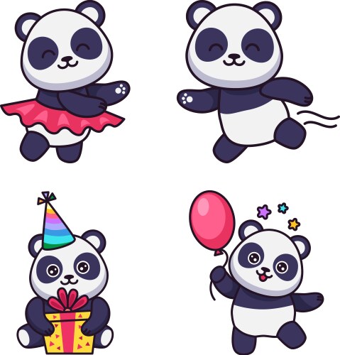 Set of cute hand-drawn pandas dancing running vector image