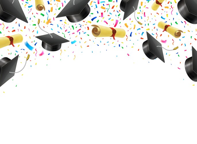 Graduate caps and diplomas flying with confetti vector image