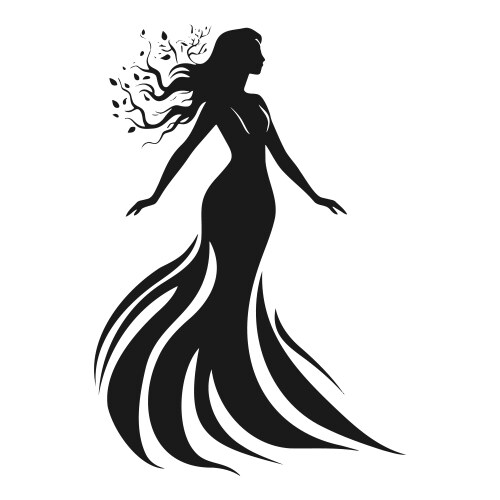 Silhouette of a girl in long dress and branches vector image