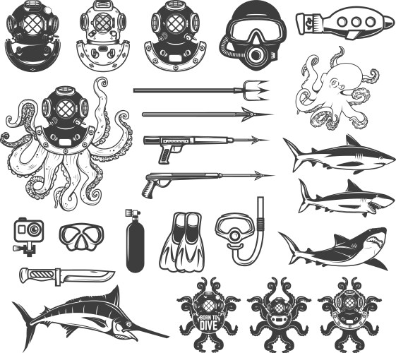 Big set of diving icons diver equipment weapon vector image