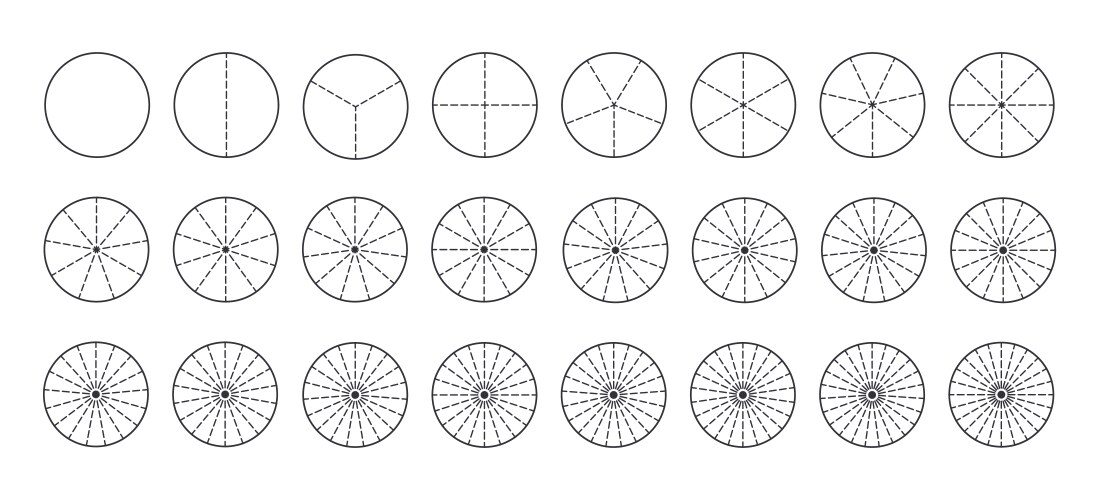 Circles divided into parts from 1 to 24 outline vector image