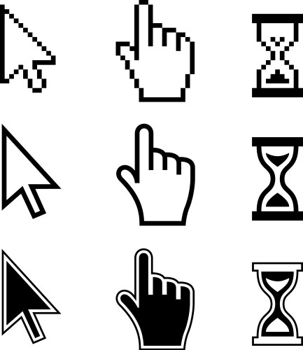 Pixel cursors icons hand arrow hourglass vector image