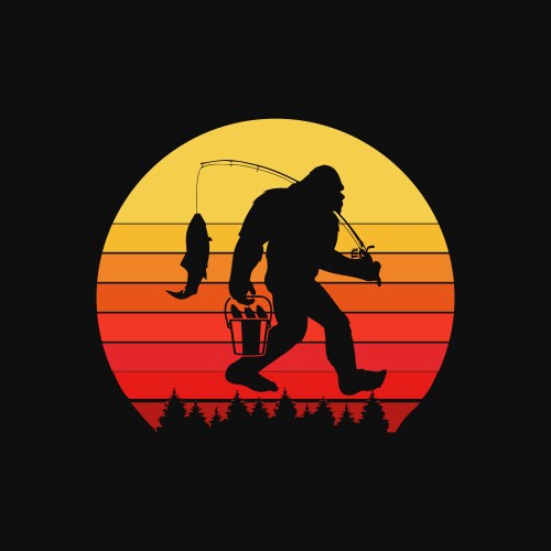 Bigfoot sasquatch fishing sunset retro fisherman vector image