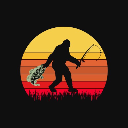 Bigfoot sasquatch fishing sunset retro fisherman vector image