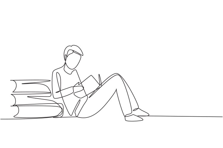 Single one line drawing young man reading vector image