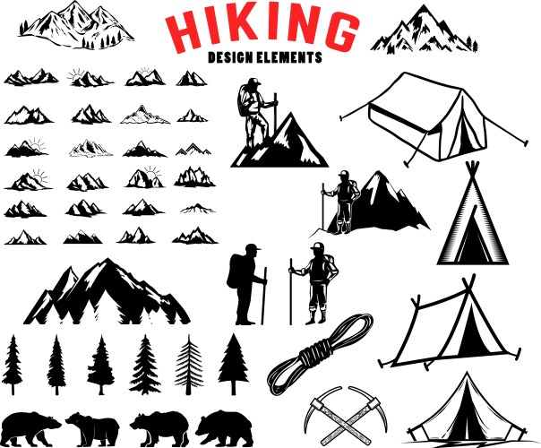 Set of hiking outdoor mountains design elements vector image