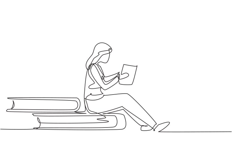 Continuous one line drawing young woman reading vector image