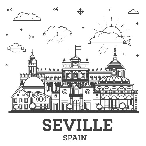 outline seville spain city skyline with historic vector image