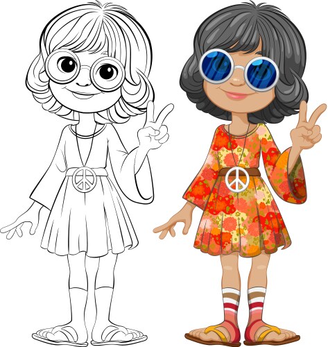 Two girls in 60s attire flashing peace signs vector image