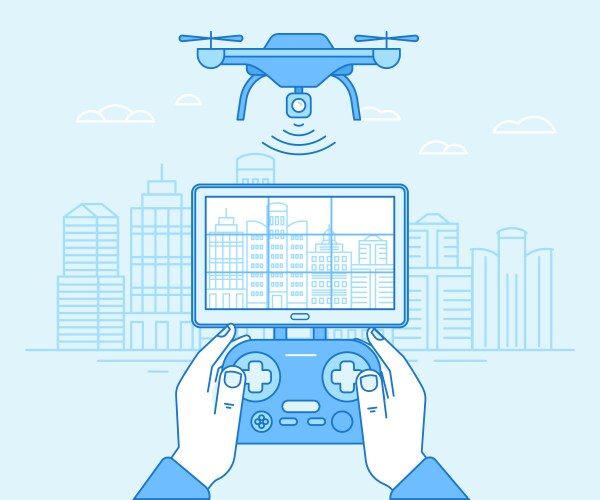 Drone quadcopter and hands holding flight vector image