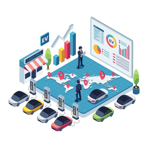 Isometric global electric vehicle market growth vector image