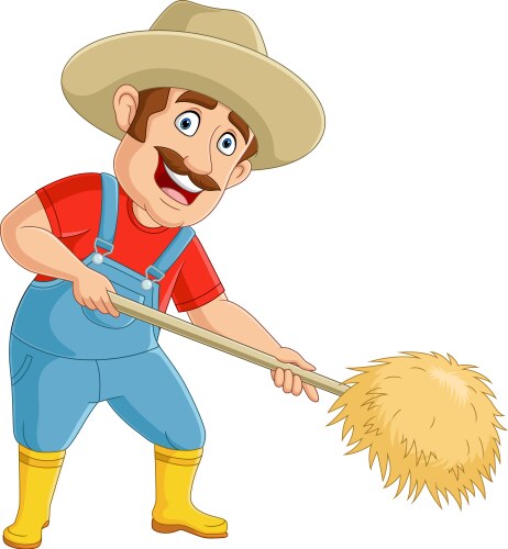 Cartoon farmer collecting hay with pitchfork vector image