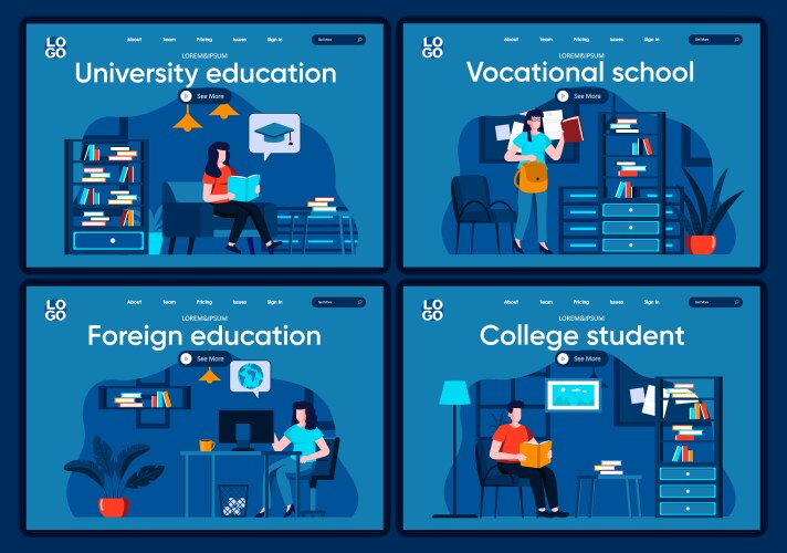 University education flat landing pages set vector image