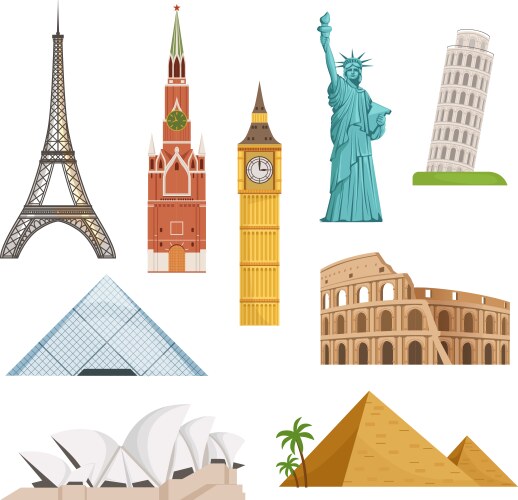 Different world famous symbols set isolate vector image