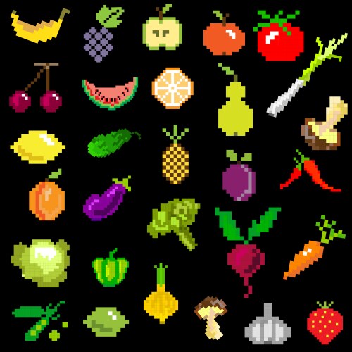 Pixel-art fruit and vegetables on black vector image