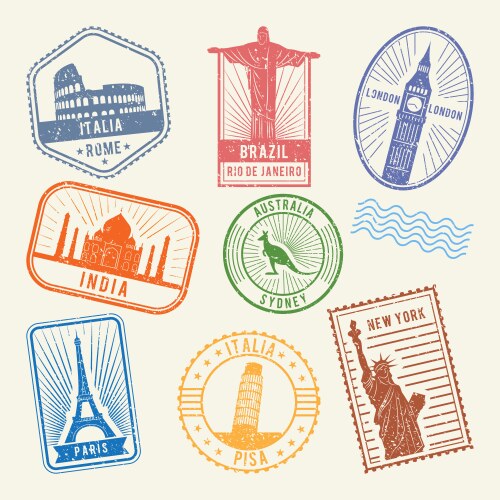 Postal stamps with famous world architecture vector image